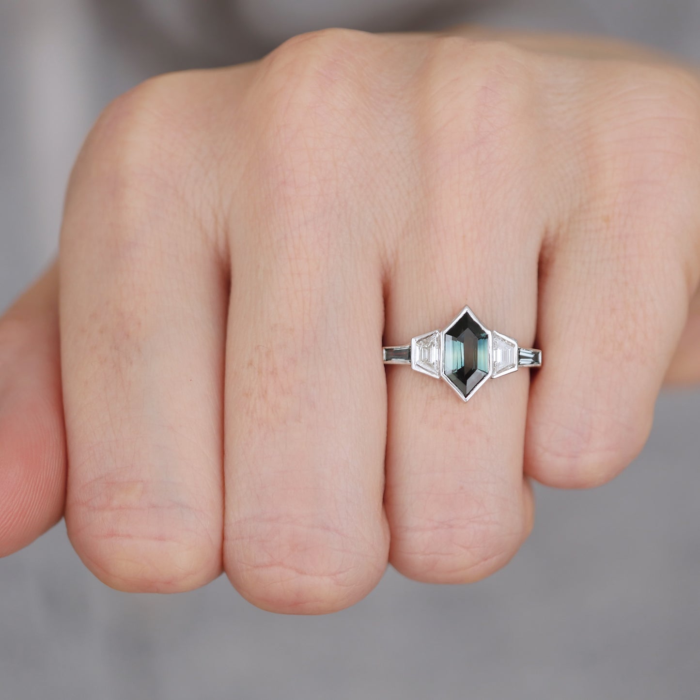 Custom Hexagon Teal Sapphire and Tapered Baguette Diamond Ring