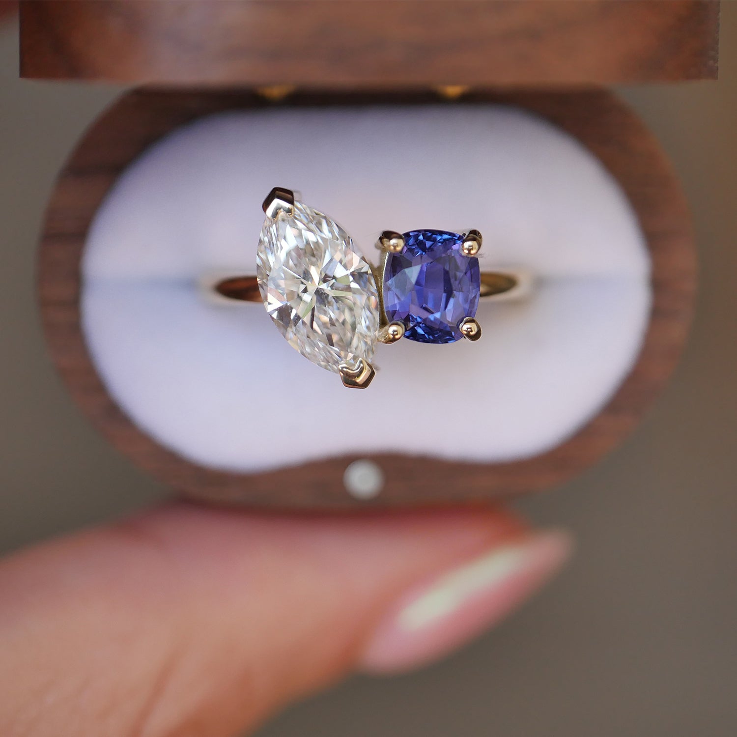 Custom Marquise Diamond and Sapphire Toi et Moi