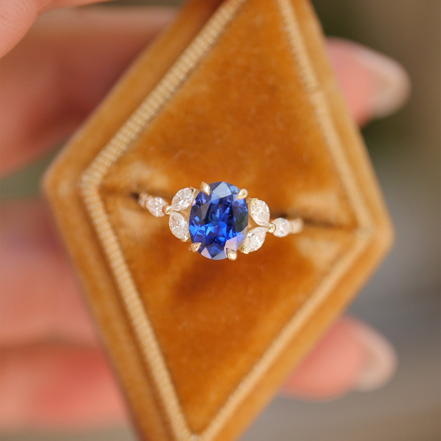 Custom Blue Sapphire Oval Marquise & Round Ring w/ Pave Band