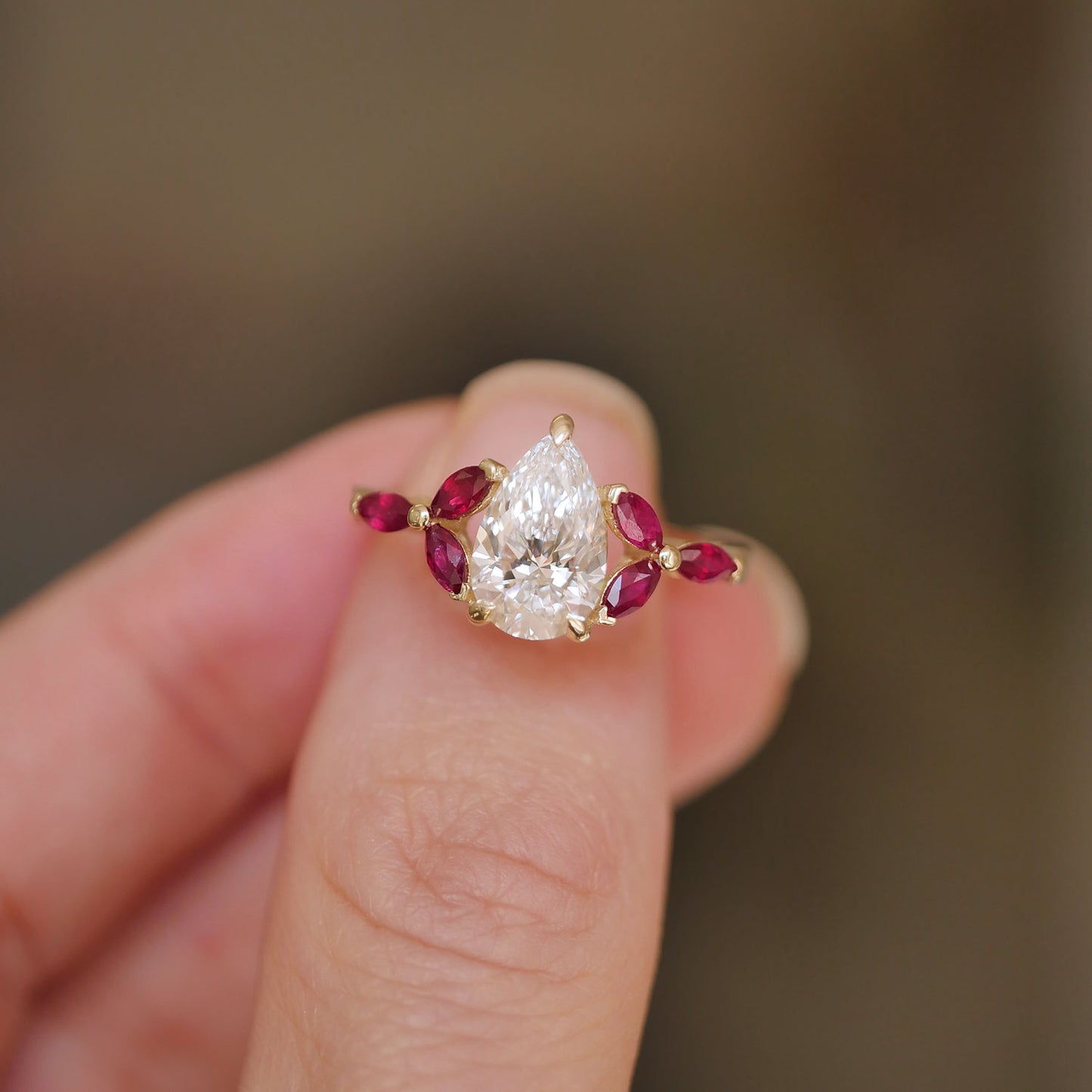 Custom Pear Diamond and Ruby Marquise Ring