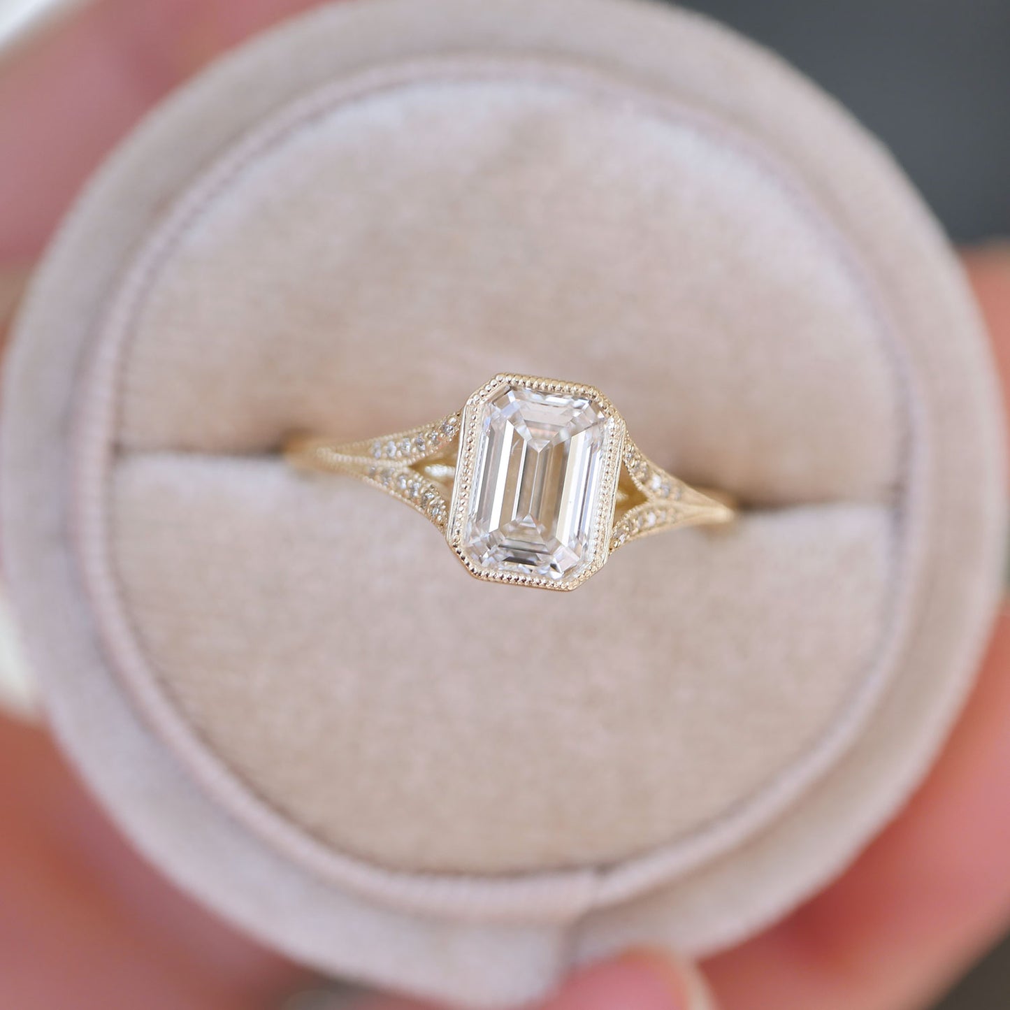 Custom Split Shank Emerald with Pave Band