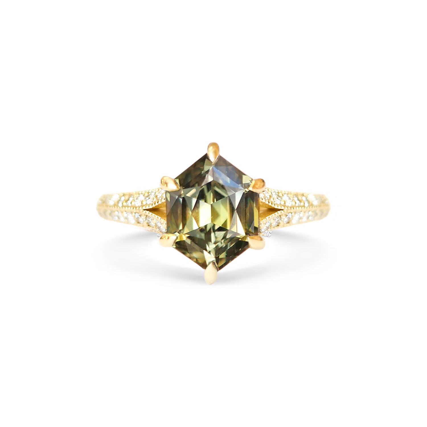 Custom Split Shank Hexagon Sapphire Diamond Ring