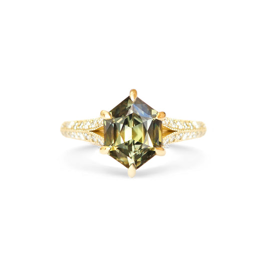 Custom Split Shank Hexagon Sapphire Diamond Ring