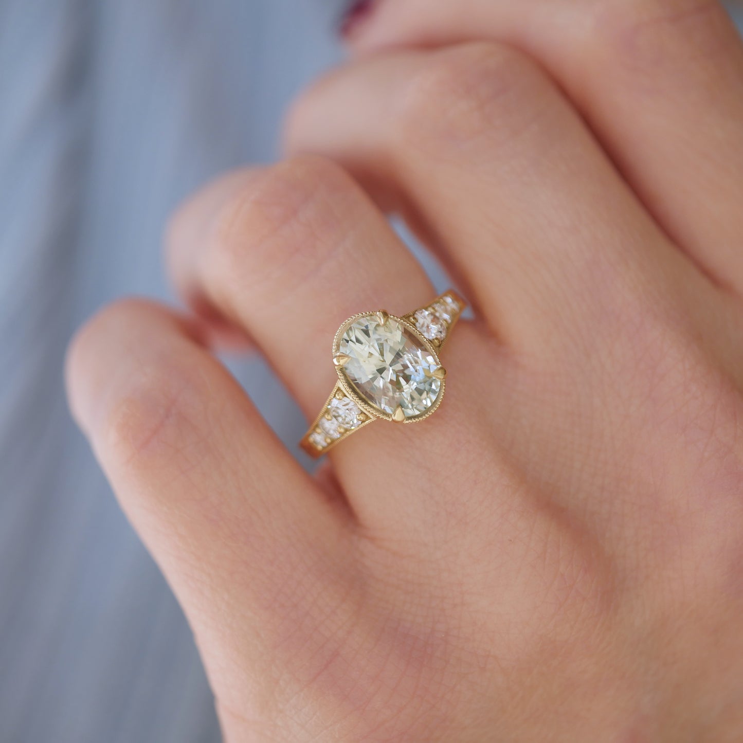 Custom Oval Mint Sapphire and Diamond Ring