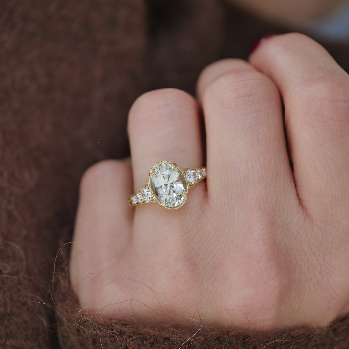 Custom Oval Mint Sapphire and Diamond Ring