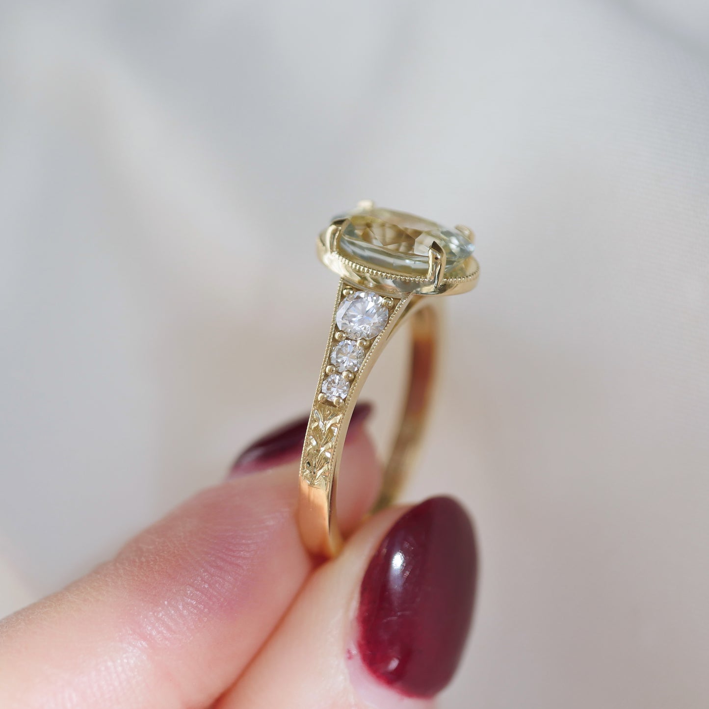 Custom Oval Mint Sapphire and Diamond Ring