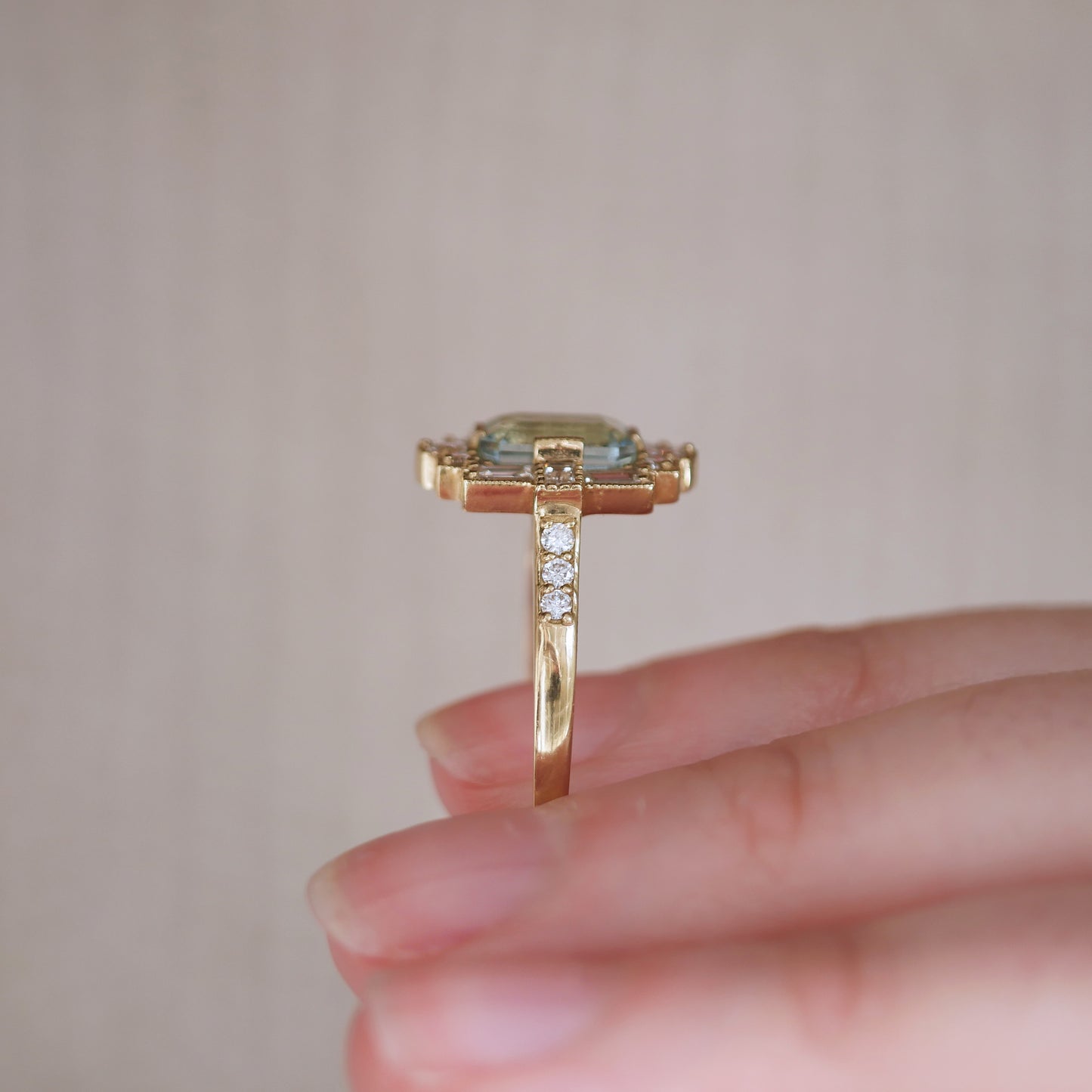 Deco Emerald Cut Aquamarine Diamond Mosaic Ring