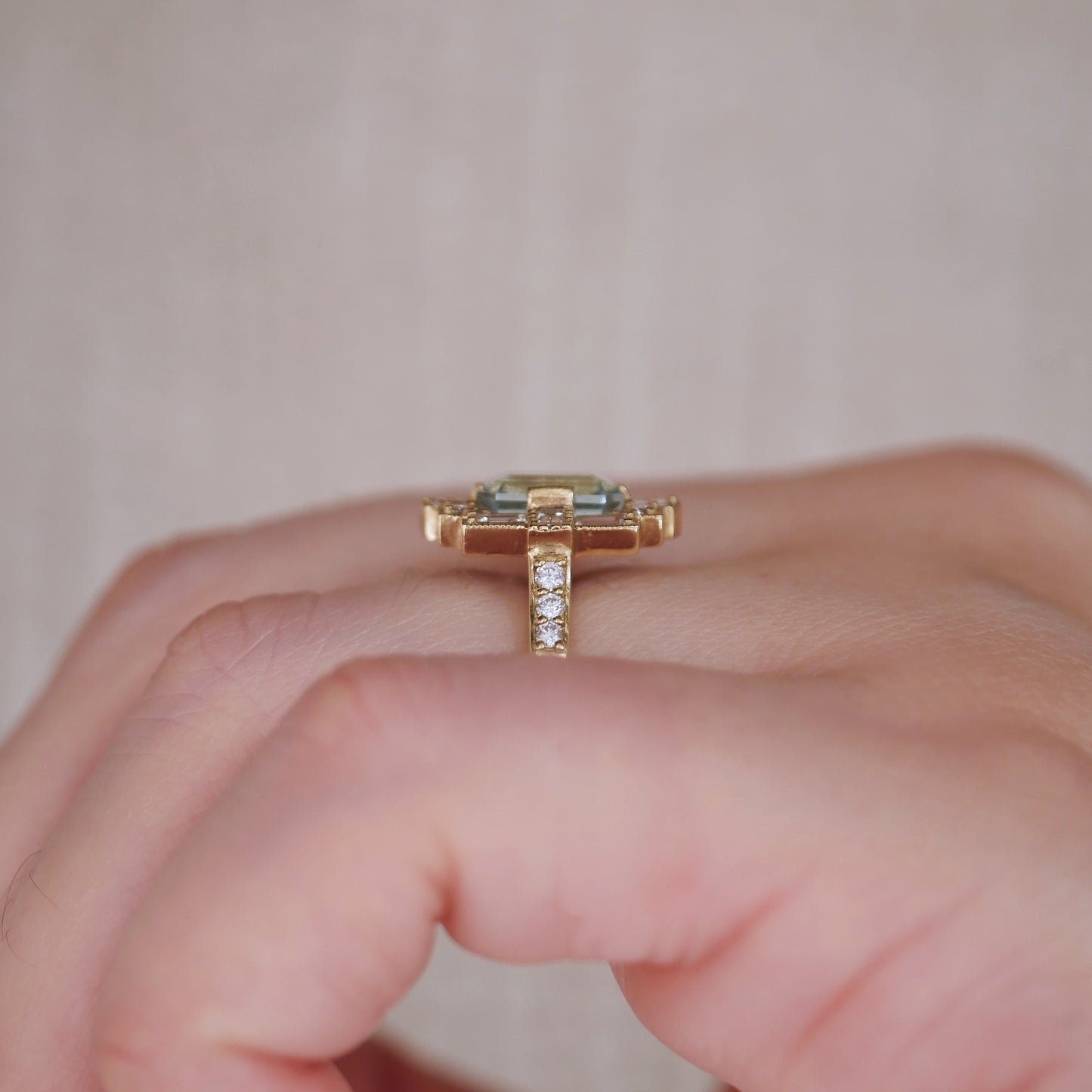 Deco Emerald Cut Aquamarine Diamond Mosaic Ring