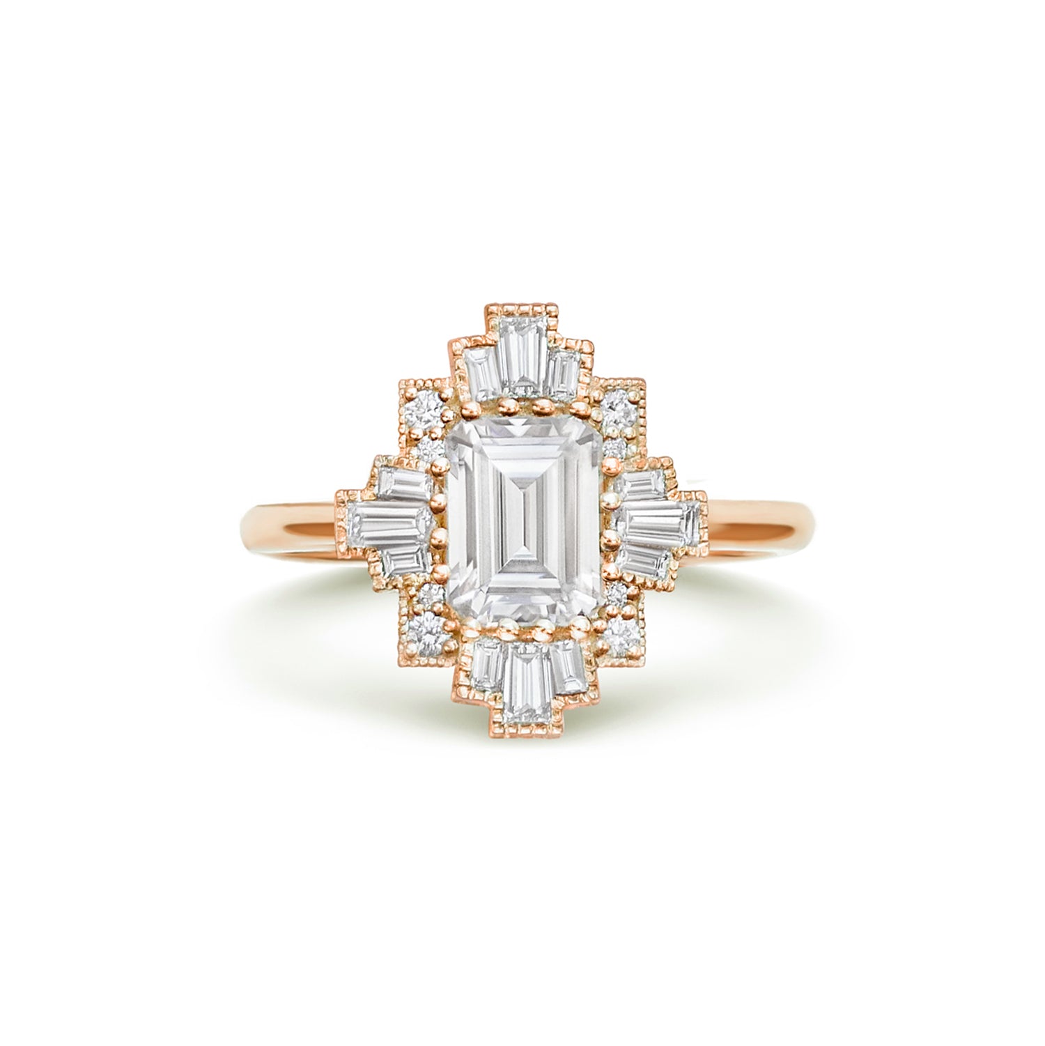 14k rose gold deco moissanite and diamond engagement ring