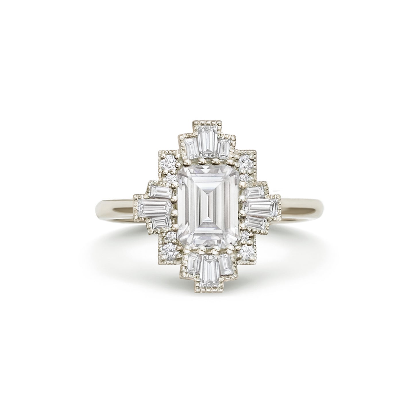 14k white gold deco moissanite and diamond engagement ring