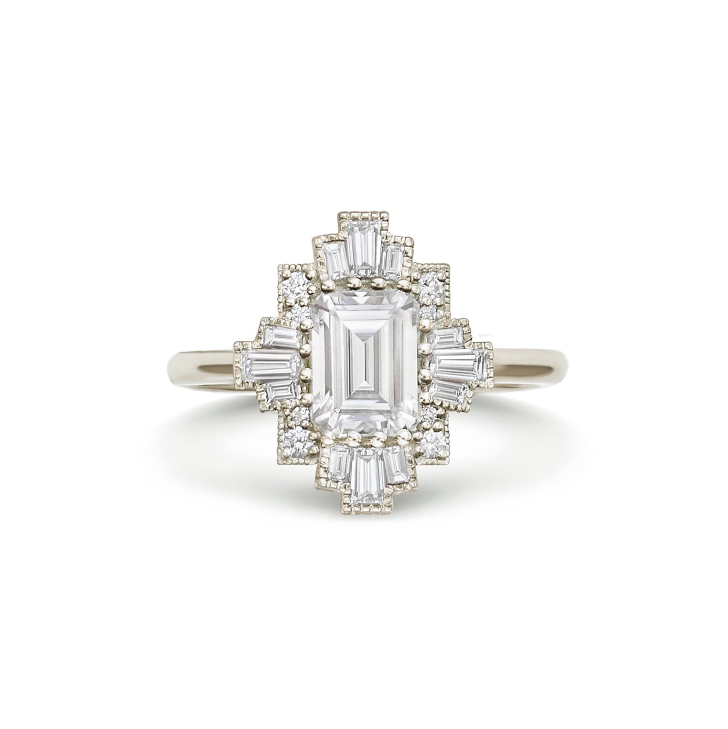 14k white gold deco moissanite and diamond engagement ring