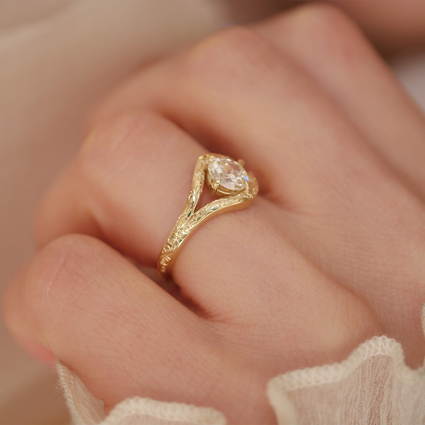 Engraved Split Shank Old European Cut Diamond Ring