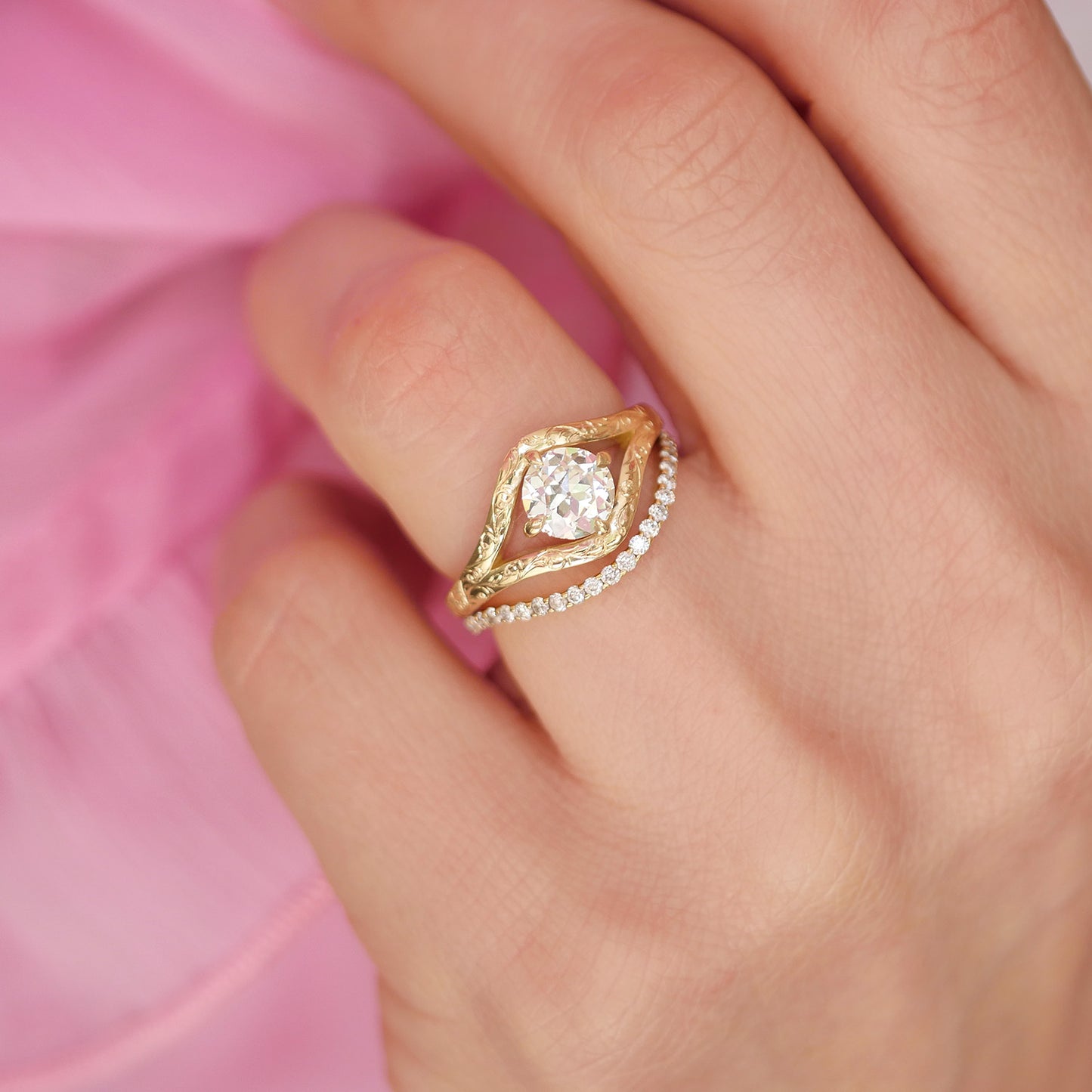 Engraved Split Shank Old European Cut Diamond Ring