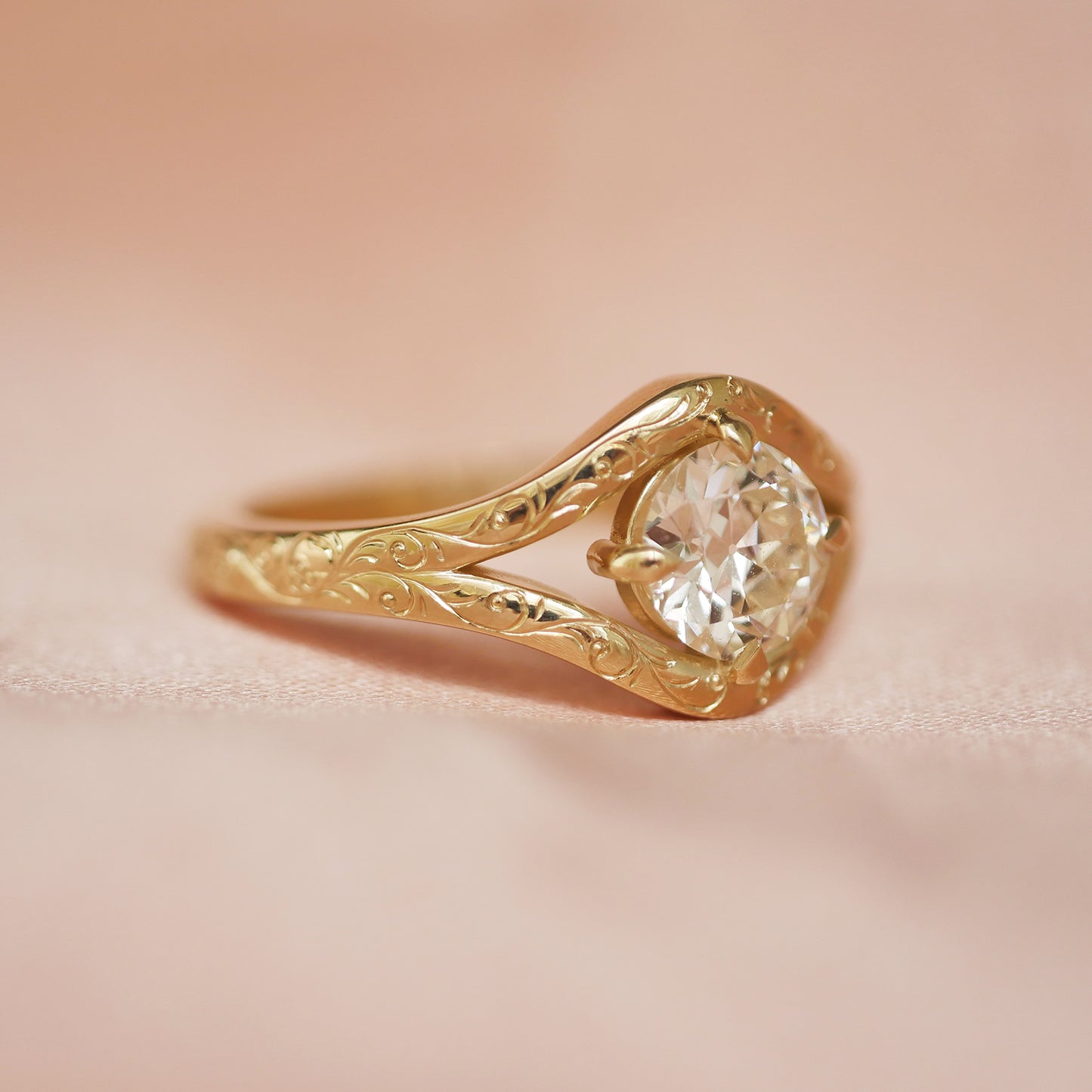 Engraved Split Shank Old European Cut Diamond Ring