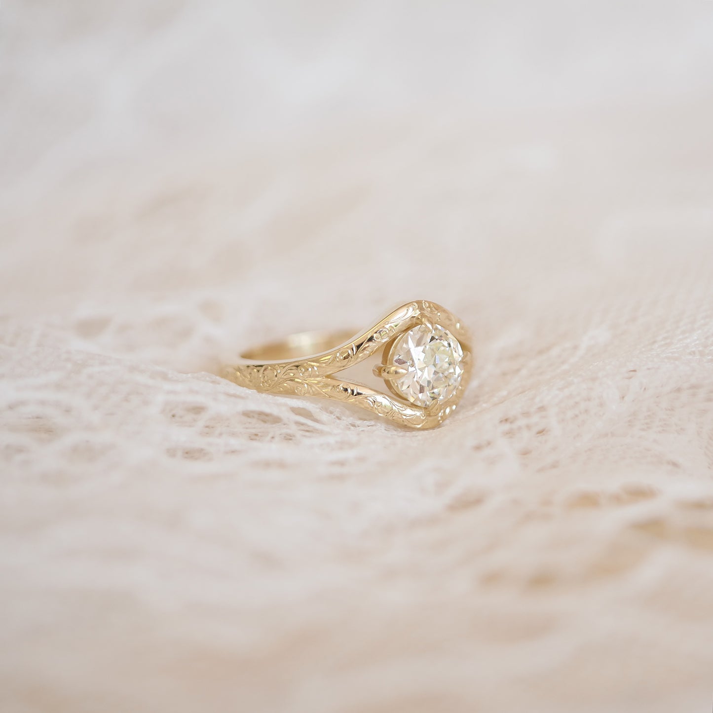 Engraved Split Shank Old European Cut Diamond Ring