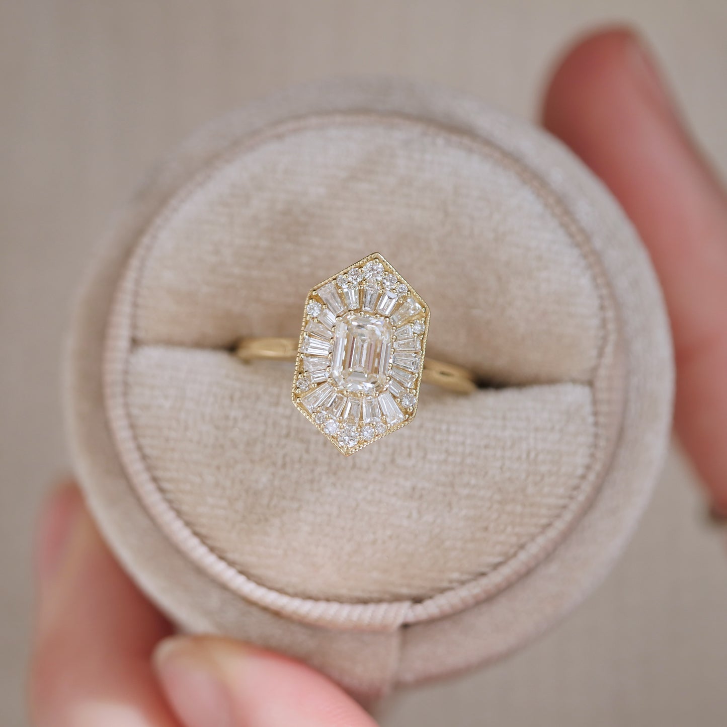 Elongated Hexagon Emerald Ballerina Diamond Mosaic Ring