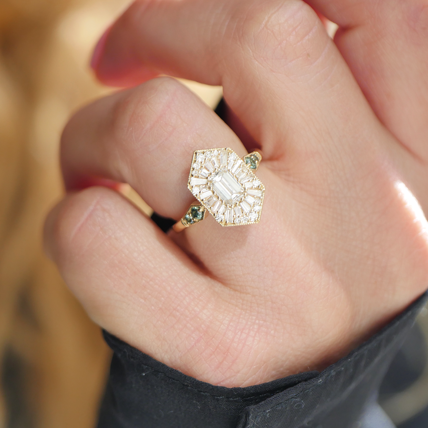 Custom Elongated Hexagon Emerald and Sapphire Ballerina Ring