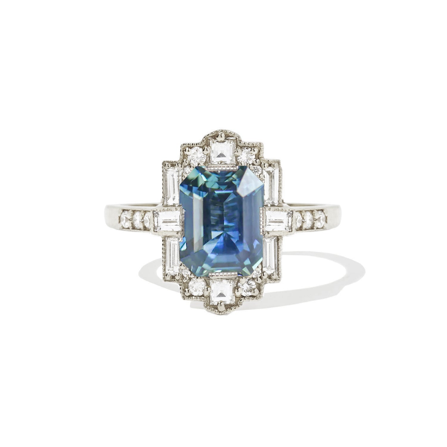 Custom Emerald Cut Teal Sapphire Deco Halo Engagement Ring