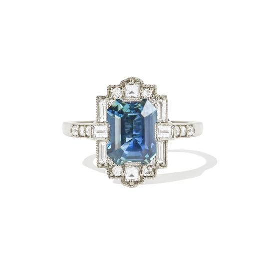 Custom Emerald Cut Teal Sapphire Deco Halo Engagement Ring