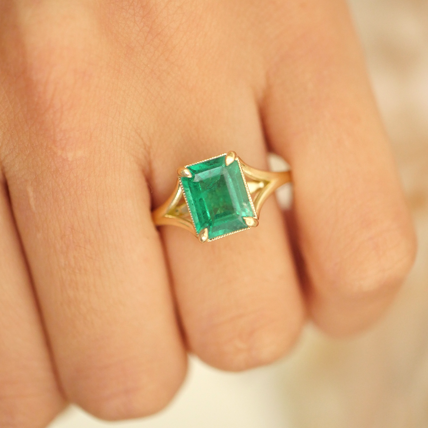 Custom Natural Emerald Split Shank Solitaire
