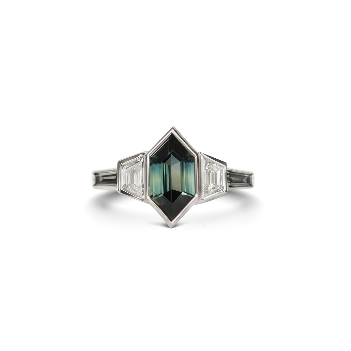Custom Hexagon Teal Sapphire and Tapered Baguette Diamond Ring