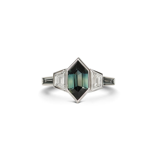Custom Hexagon Teal Sapphire and Tapered Baguette Diamond Ring