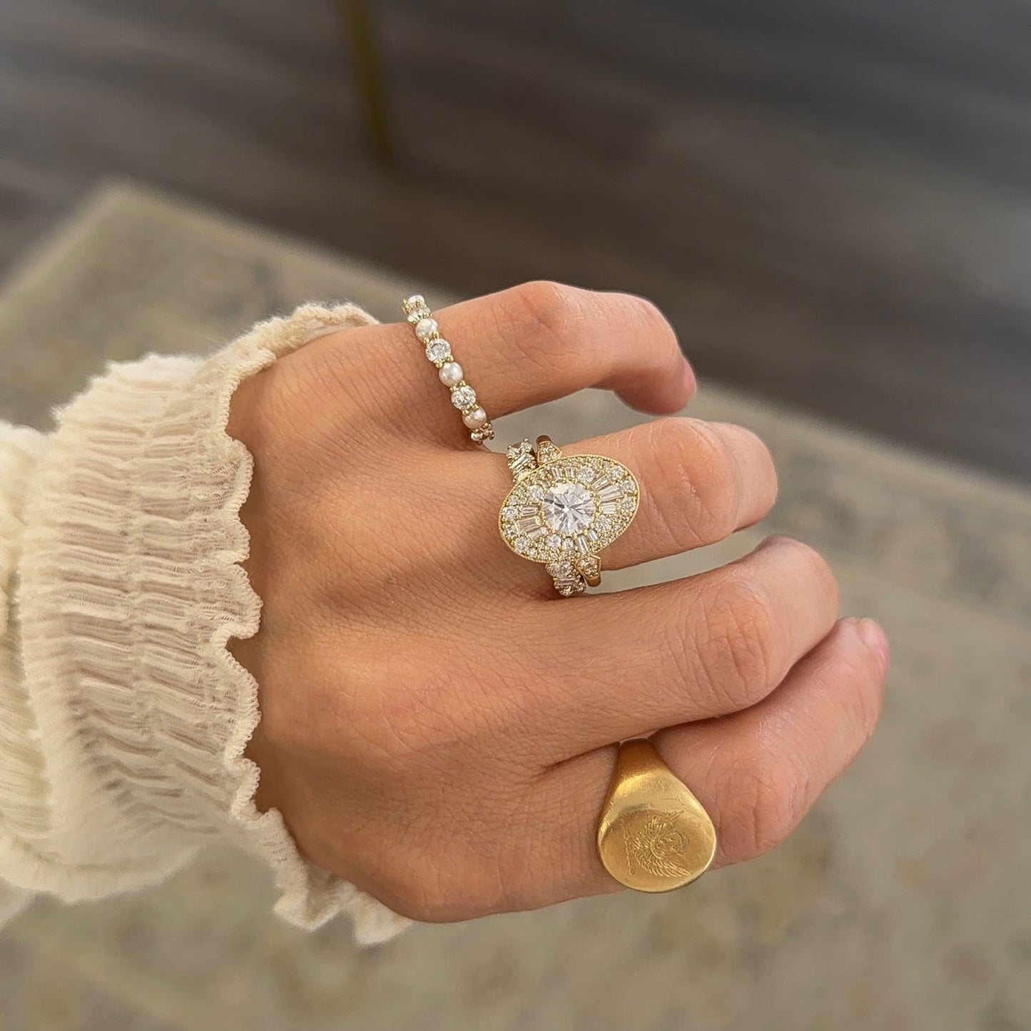 Pearl & Diamond 3mm Shared Prong Ring