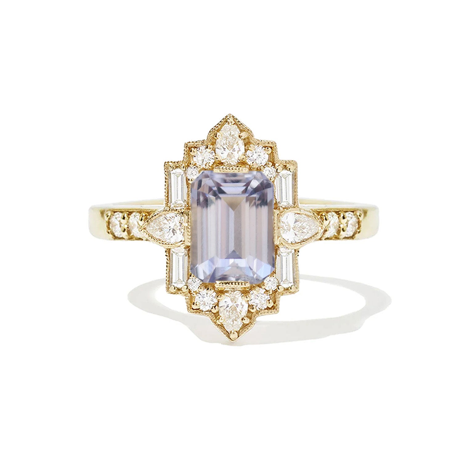 Lavender Sapphire Deco Emerald & Pear Diamond Mosaic Ring