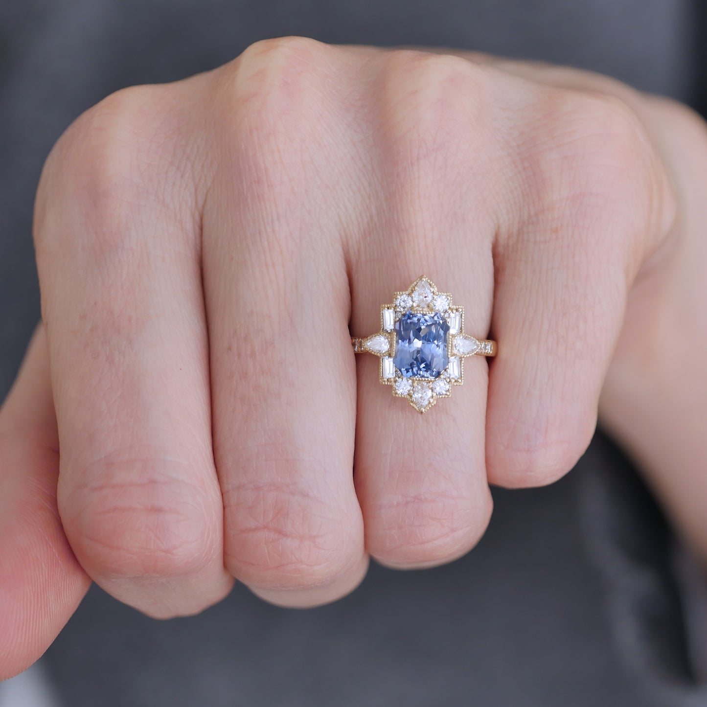 Cornflower Blue Sapphire Deco Emerald & Pear Diamond Mosaic Ring