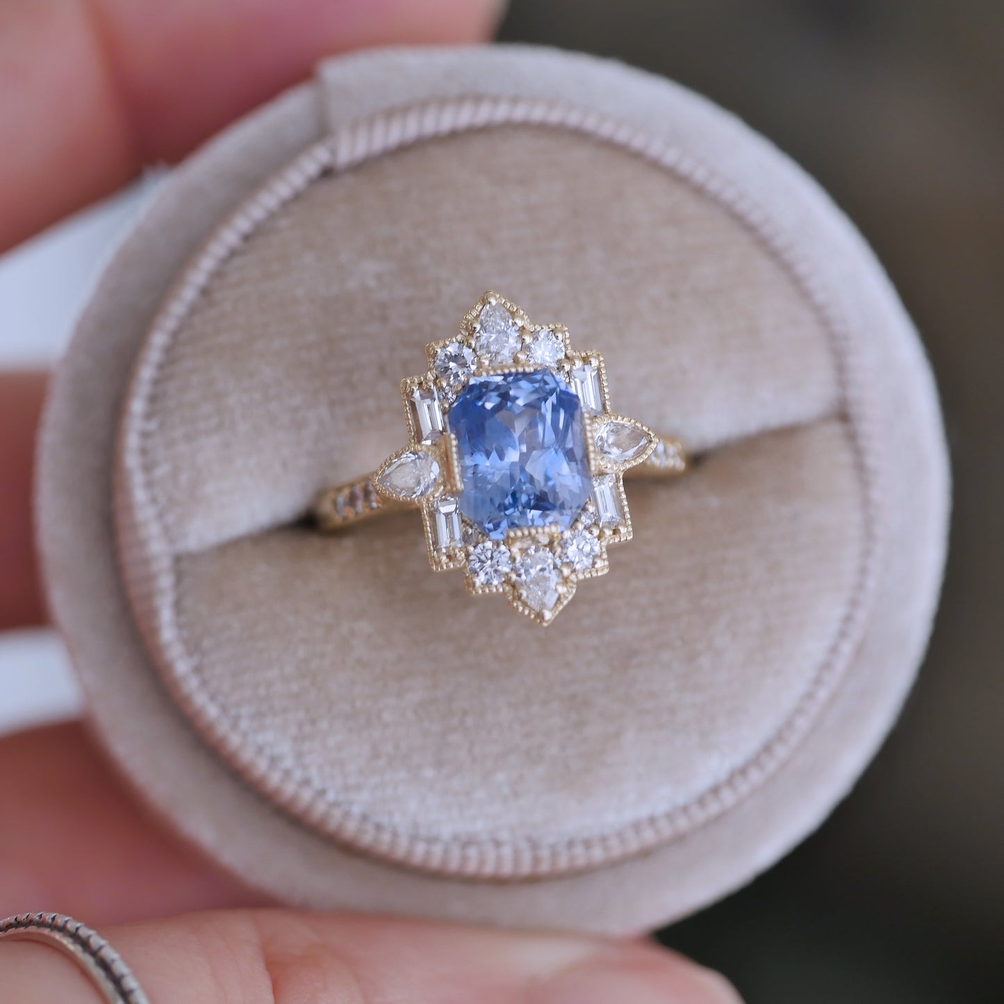 Cornflower Blue Sapphire Deco Emerald & Pear Diamond Mosaic Ring