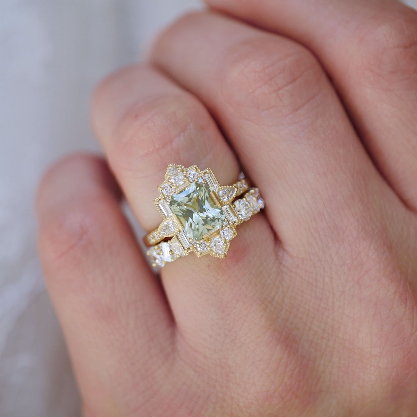 Light Sage Green Radiant Deco Emerald & Pear Diamond Mosaic Ring