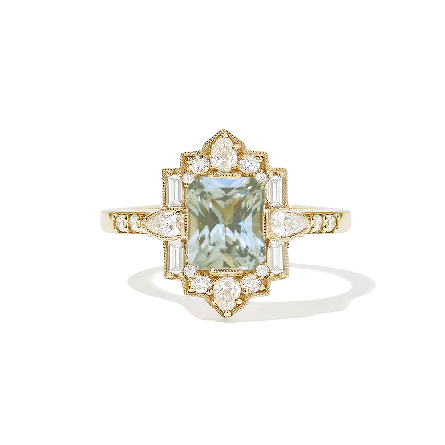 Light Sage Green Radiant Deco Emerald & Pear Diamond Mosaic Ring