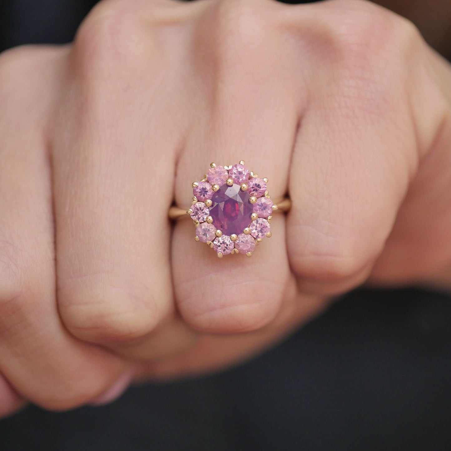 one of a kind vintage inspired cluster ring with purple and pink sapphires