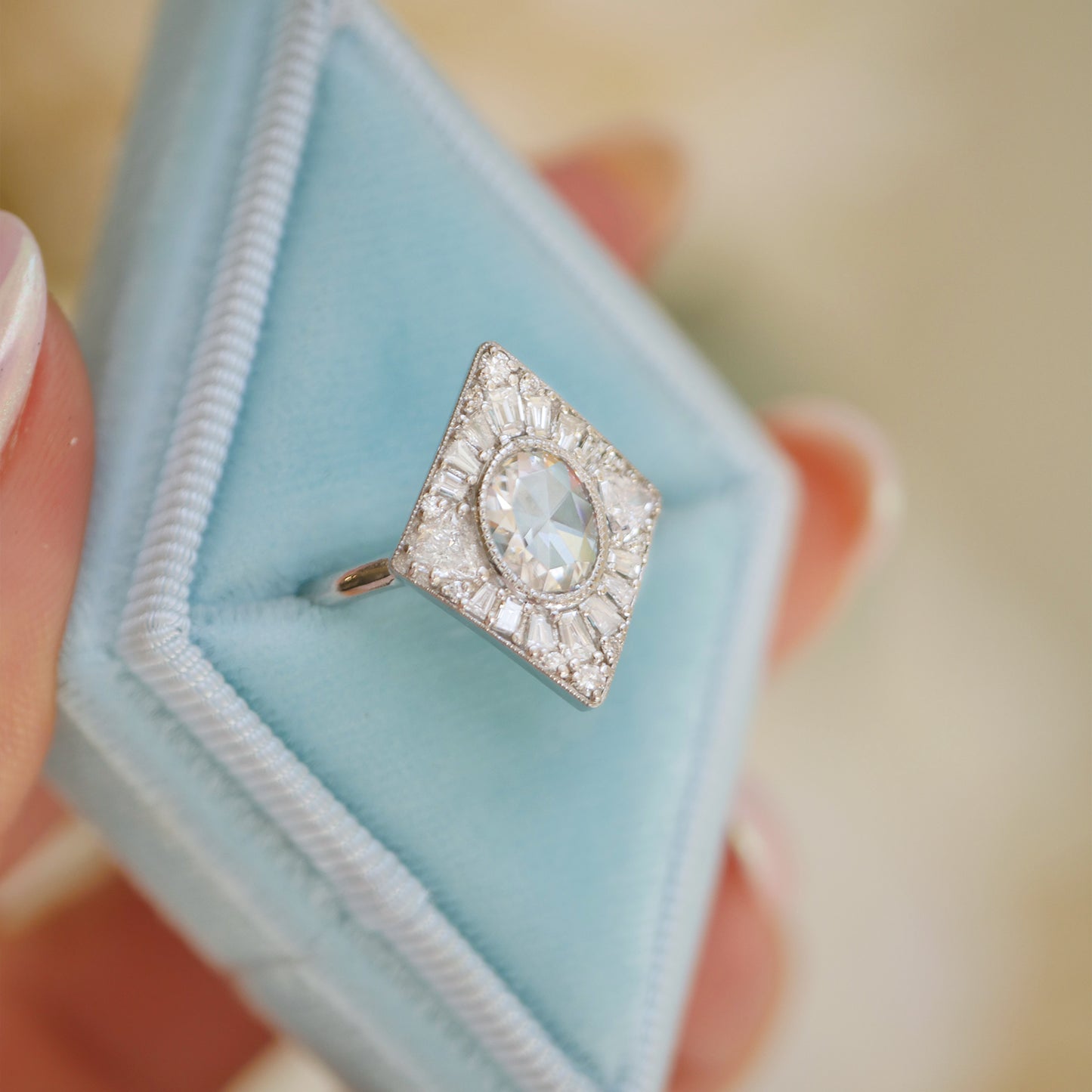 Custom Oval Rose Cut Bezel Kite Shape Ring