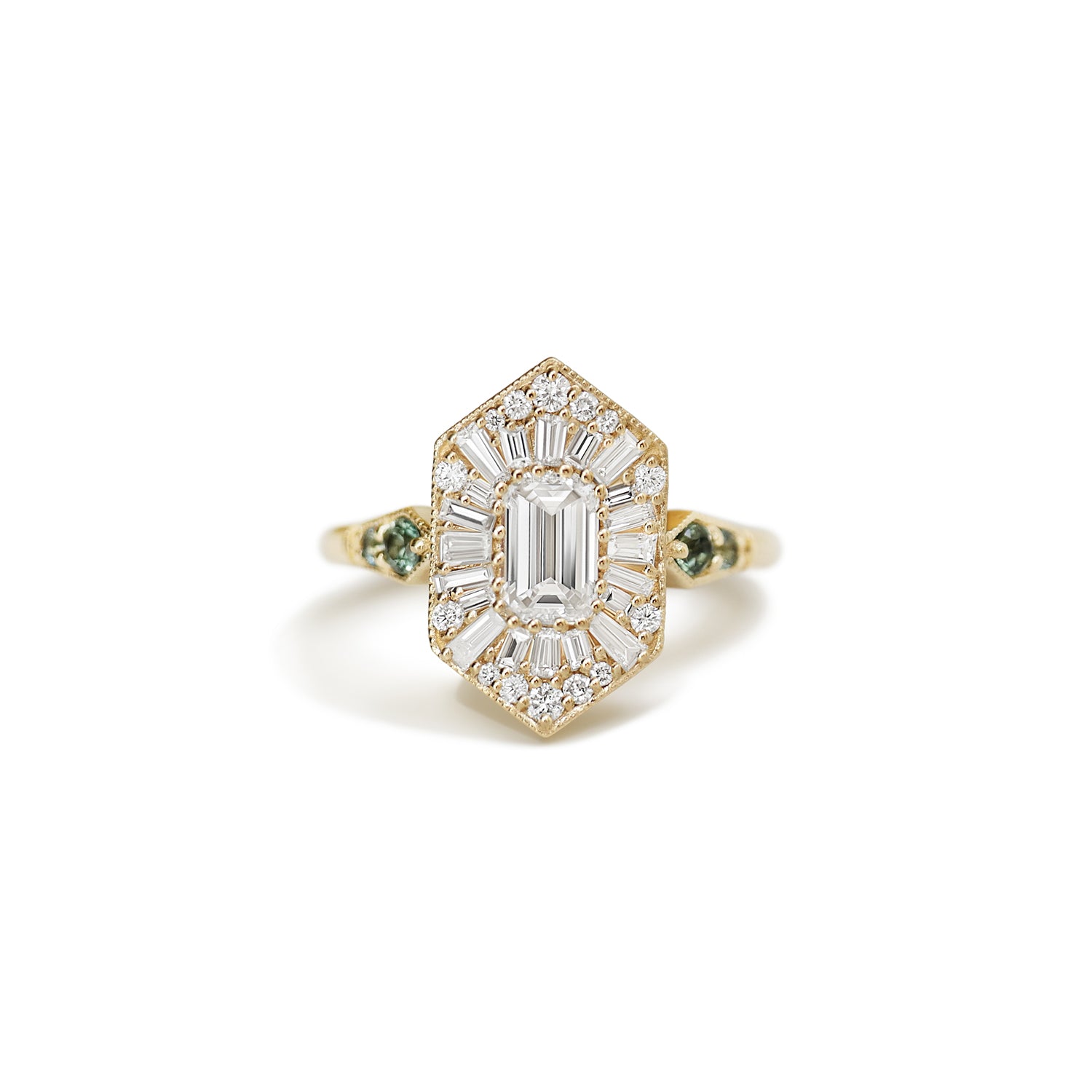 Custom Elongated Hexagon Emerald and Sapphire Ballerina Ring
