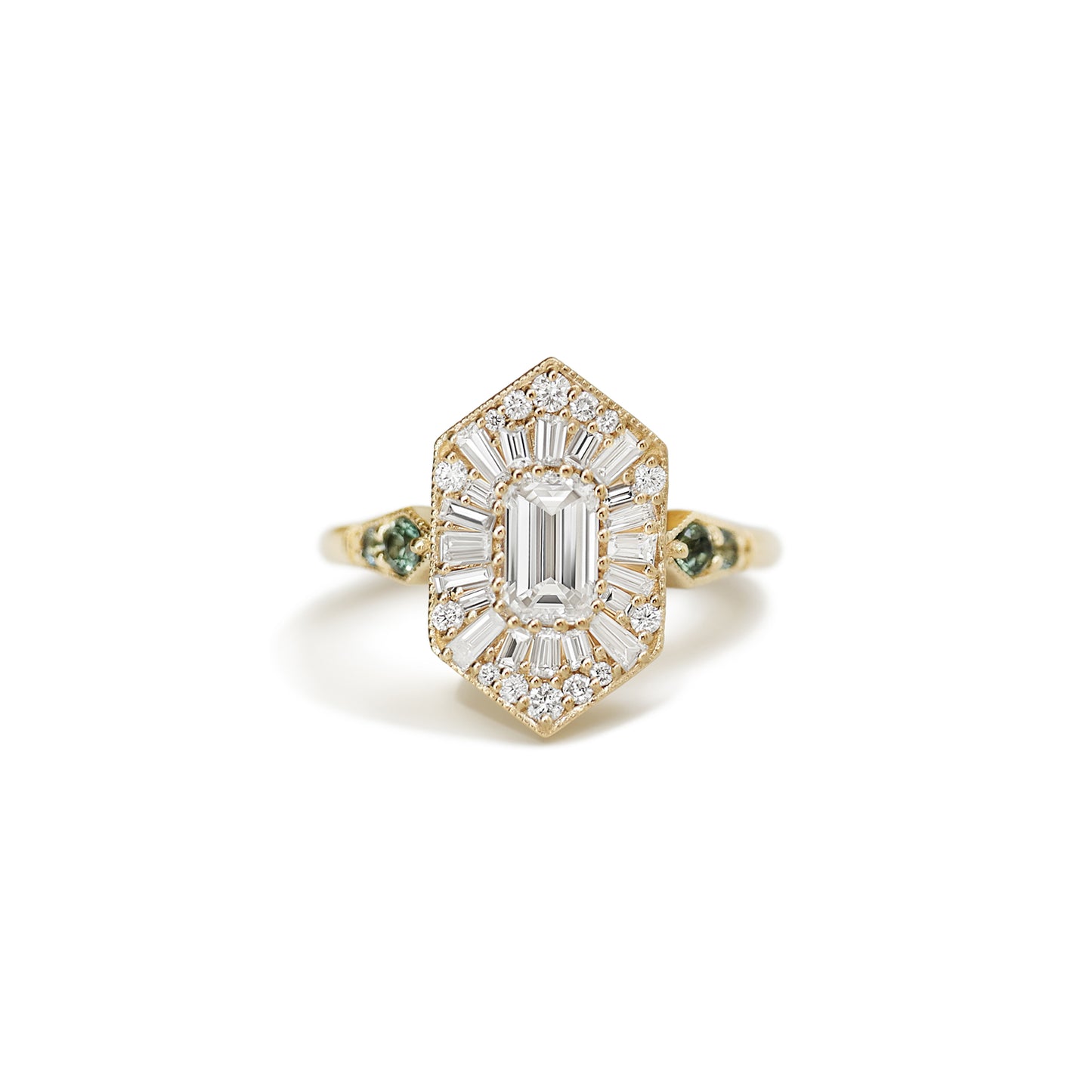 Custom Elongated Hexagon Emerald and Sapphire Ballerina Ring