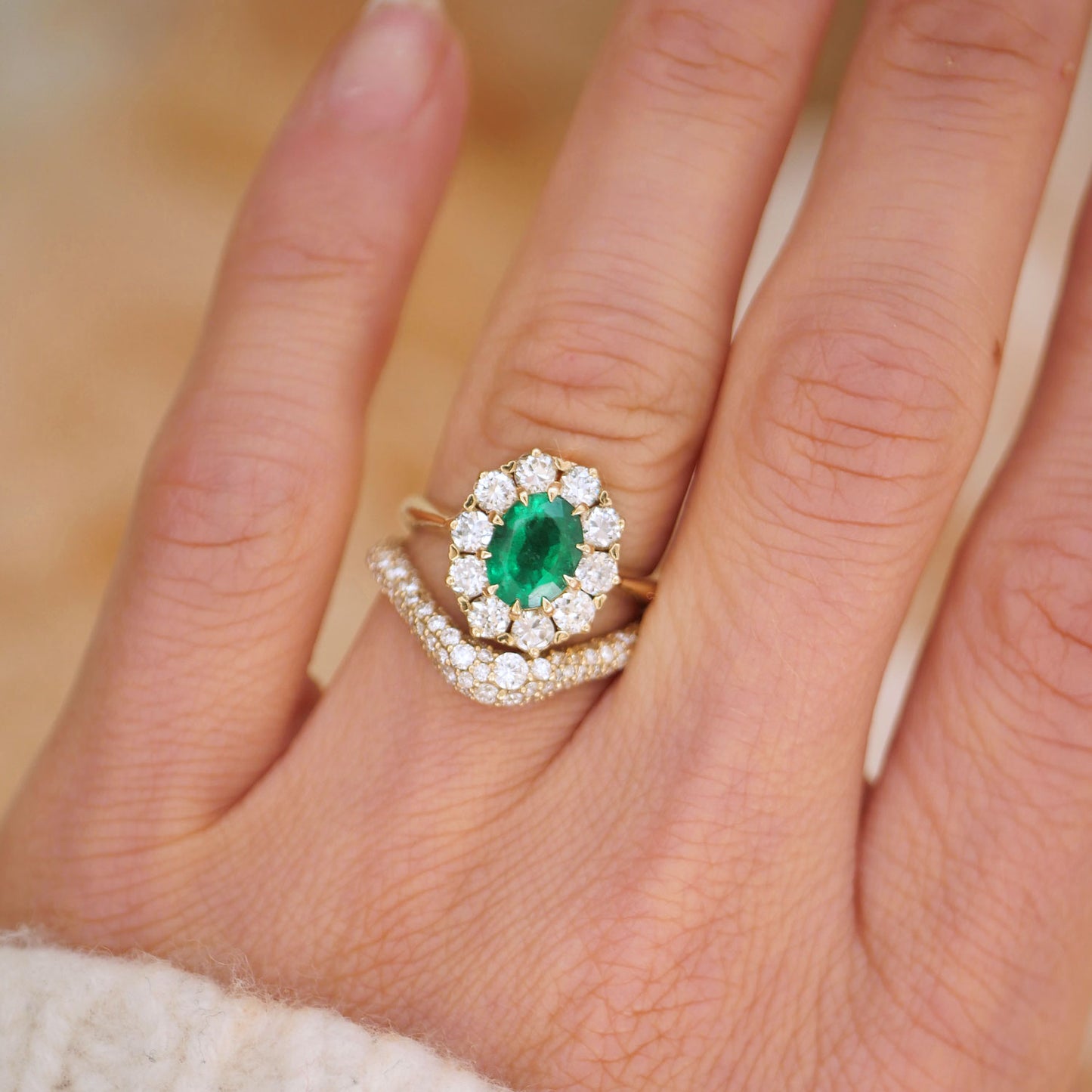 Emerald & Old European Cut Diamond Cluster Ring