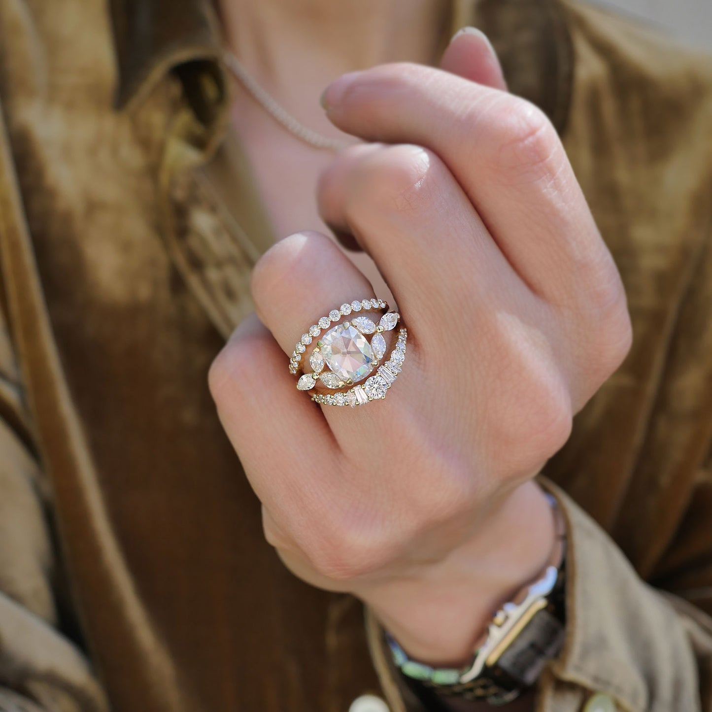 Antique Cushion Rose Cut Moissanite & Marquise Diamond Ring