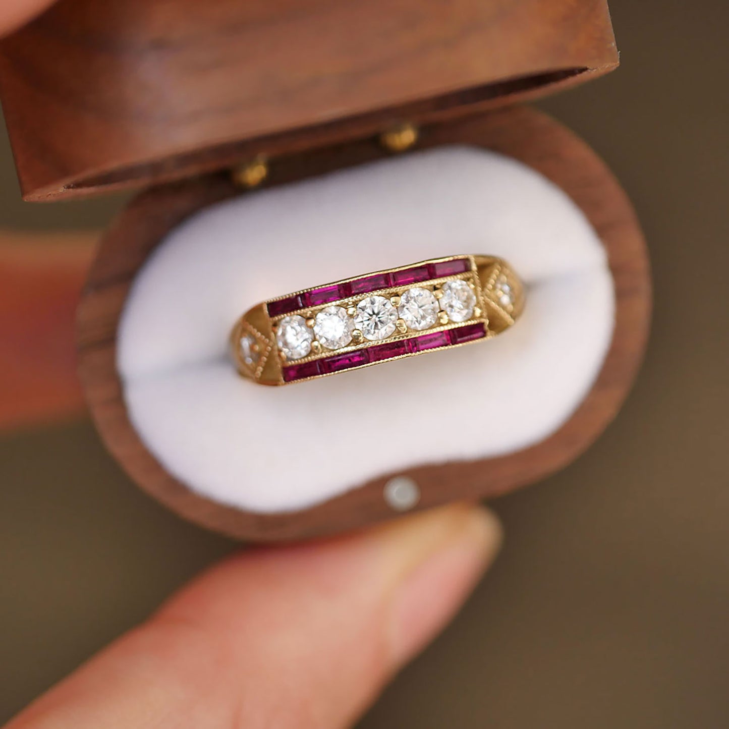 Art Deco Five Diamond Ring with French Cut Rubies