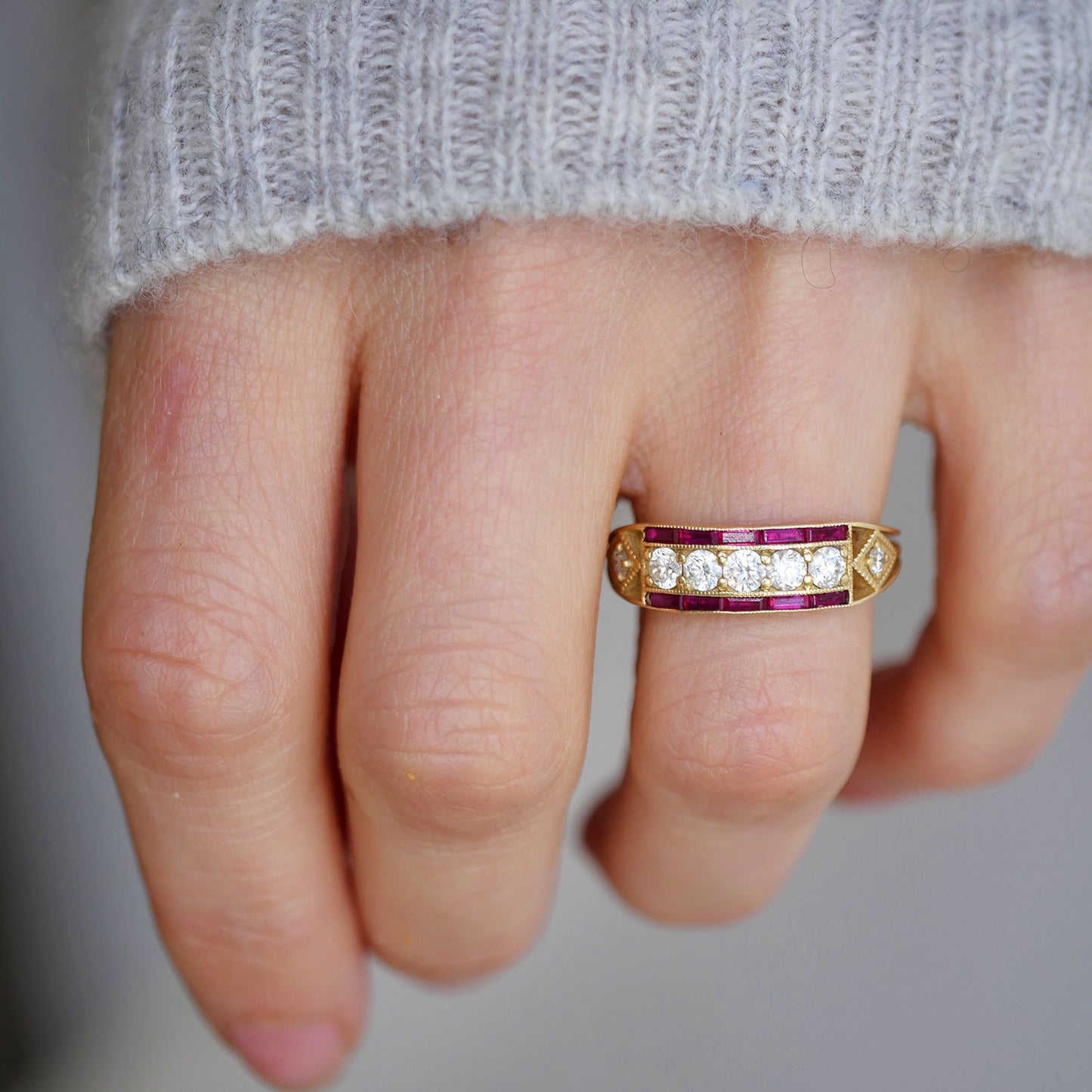 Art Deco Five Diamond Ring with French Cut Rubies