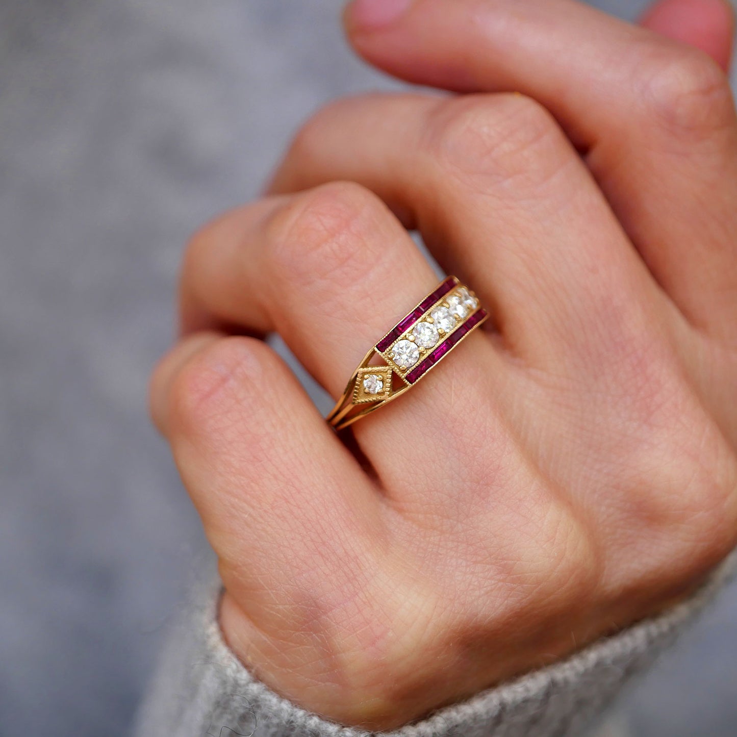 Art Deco Five Diamond Ring with French Cut Rubies