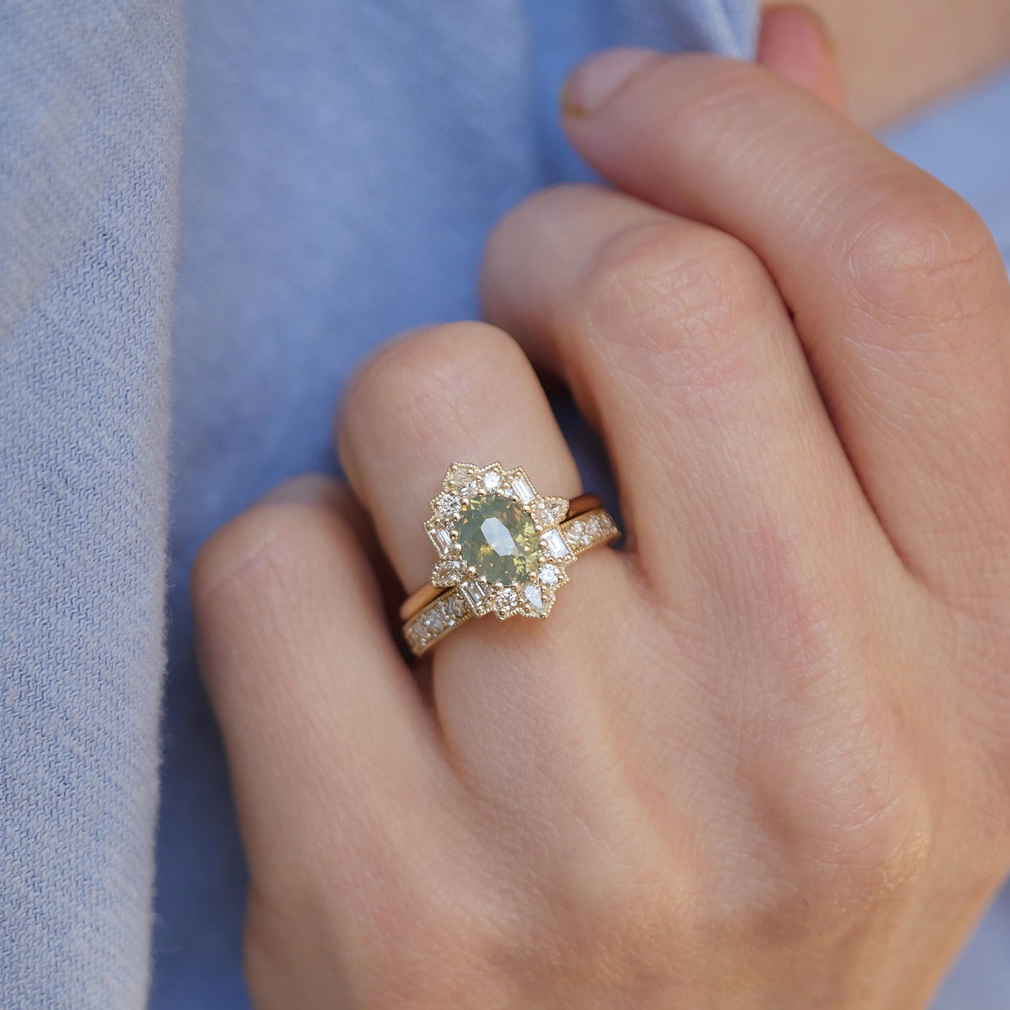 Opalescent Green Sapphire Oval Deco Emerald & Pear Diamond Mosaic Ring