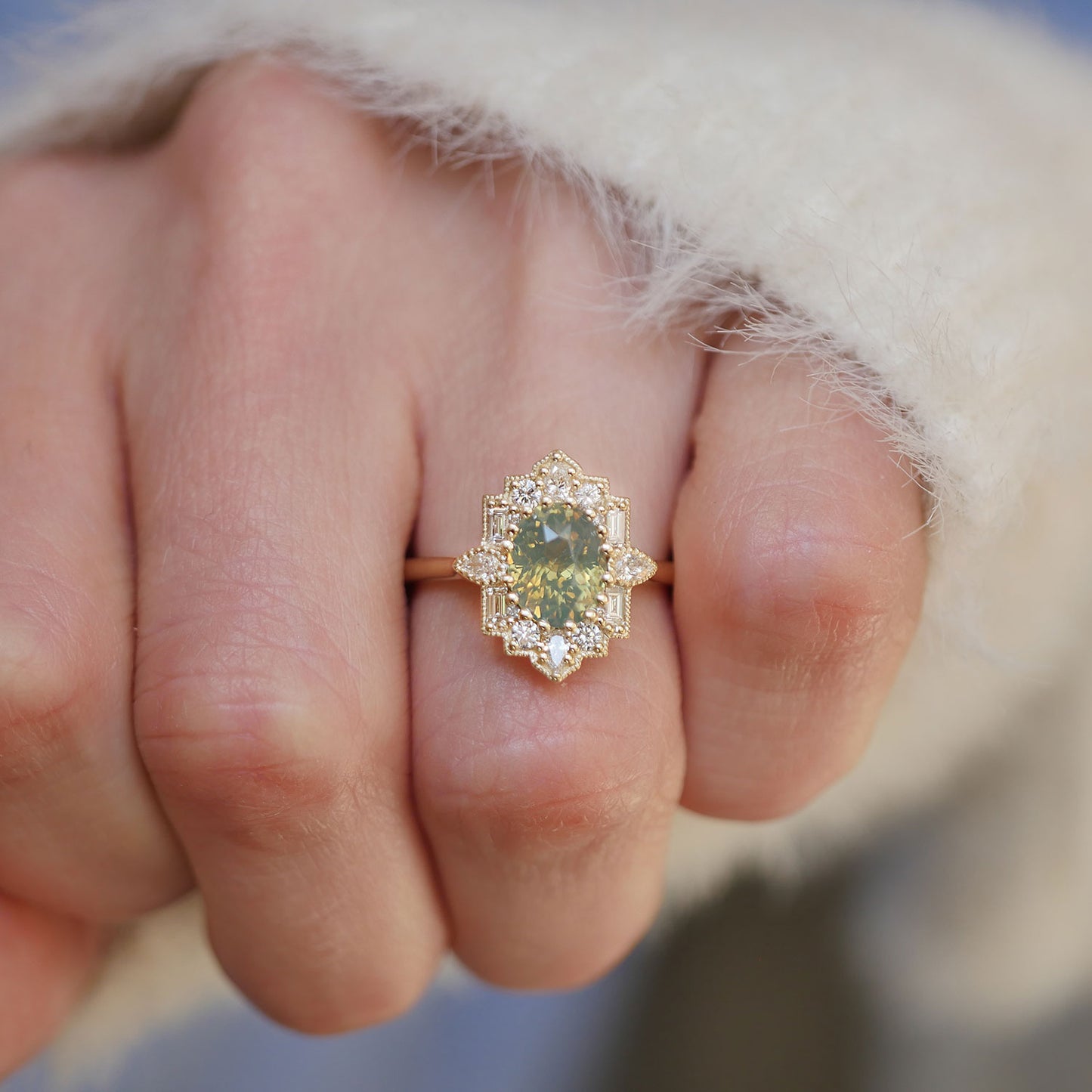 Opalescent Green Sapphire Oval Deco Emerald & Pear Diamond Mosaic Ring