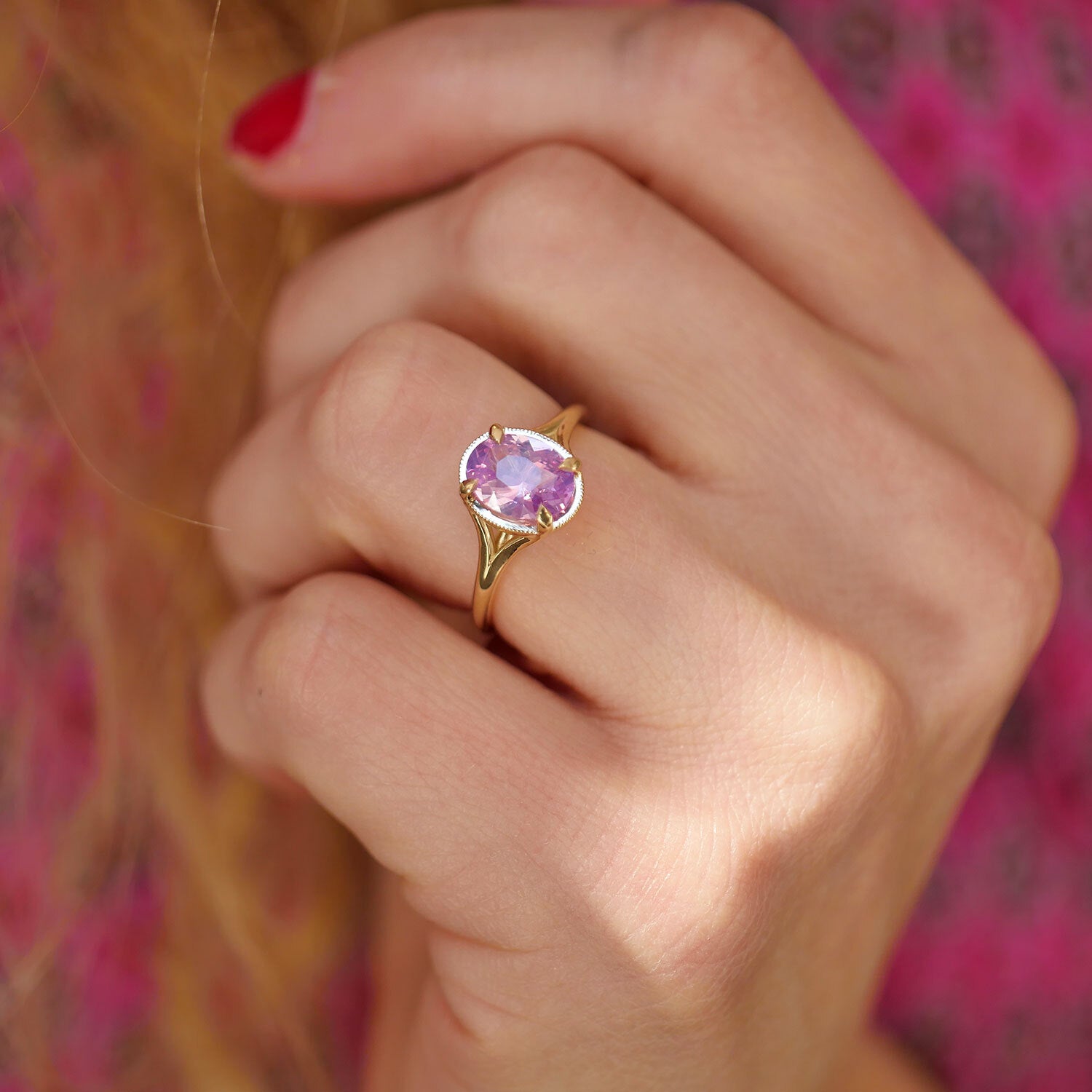 Oval Split Shank Opalescent Pink Sapphire Solitaire Ring