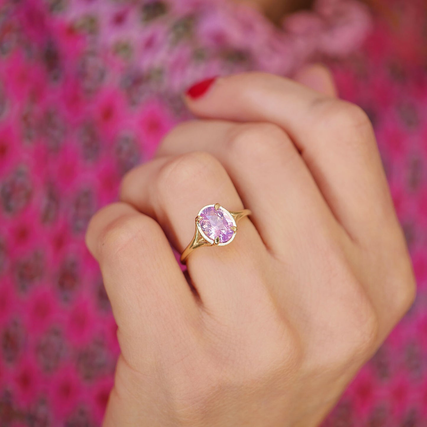 Oval Split Shank Opalescent Pink Sapphire Solitaire Ring