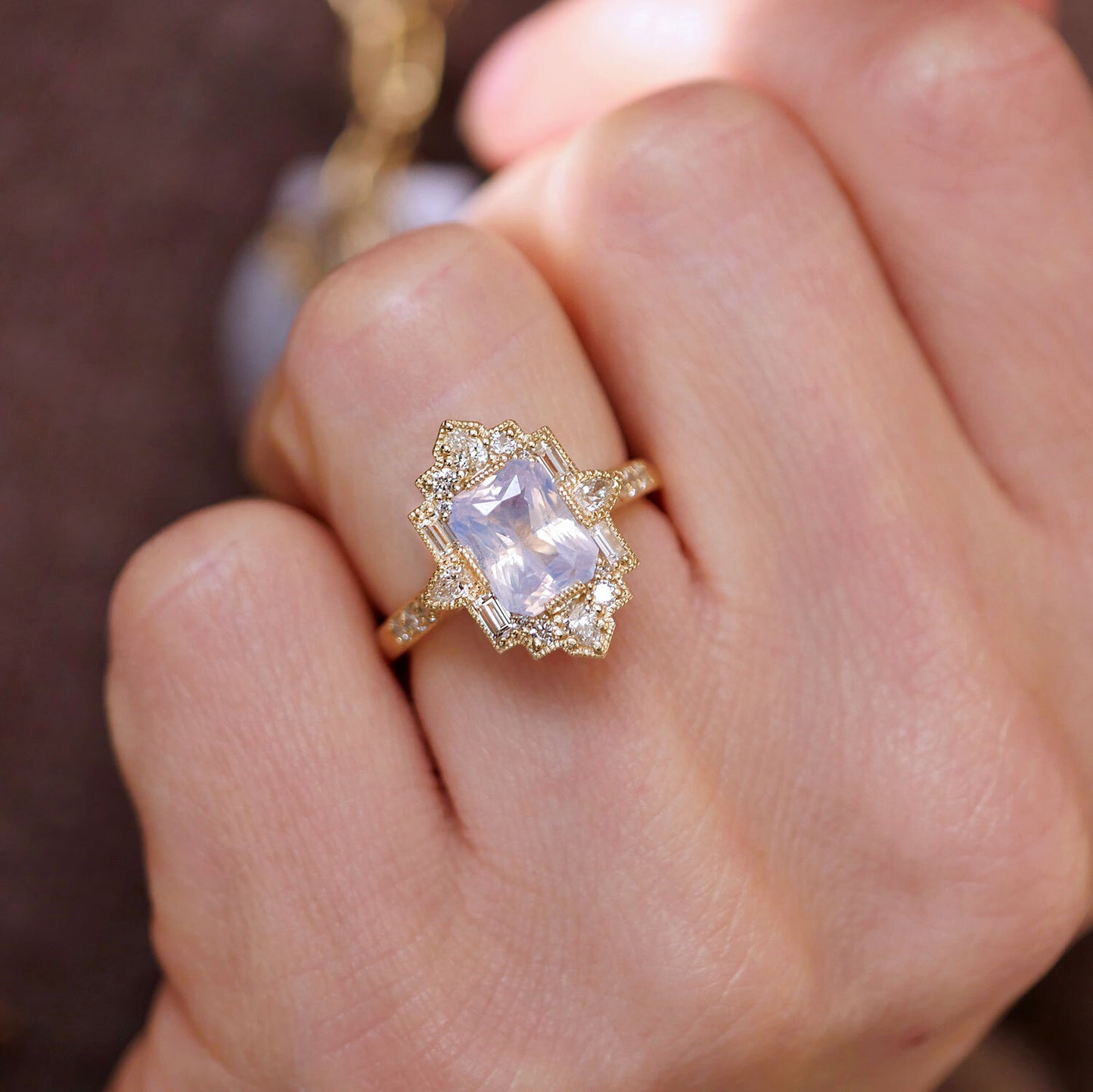 Opalescent Lavender Sapphire Deco Emerald & Pear Diamond Mosaic Ring