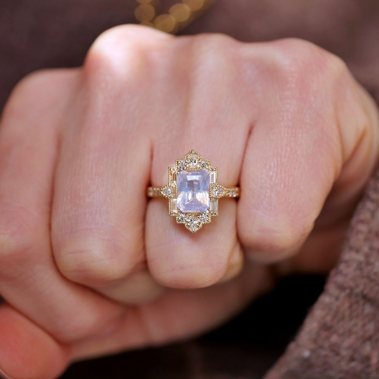 Opalescent Lavender Sapphire Deco Emerald & Pear Diamond Mosaic Ring