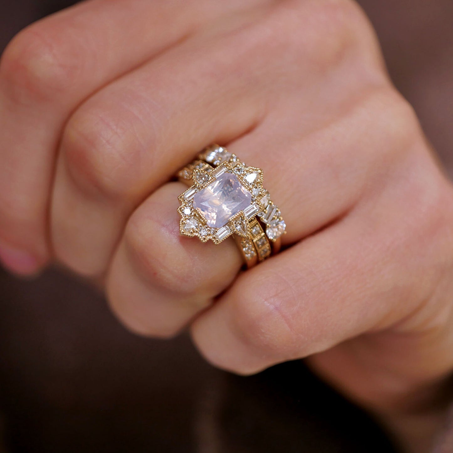 Opalescent Lavender Sapphire Deco Emerald & Pear Diamond Mosaic Ring