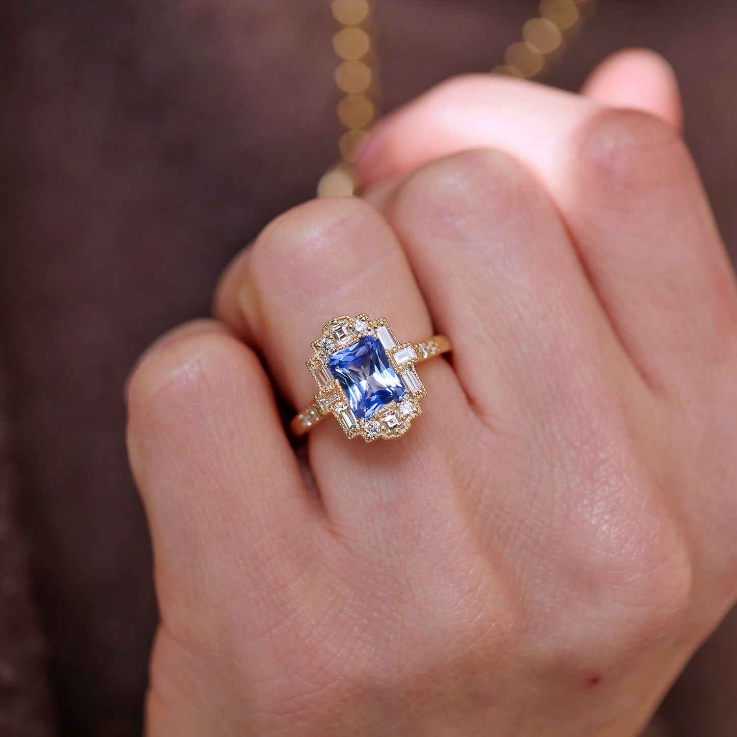 Cornflower Blue Radiant Cut Sapphire Deco Emerald Cut Diamond Mosaic Ring