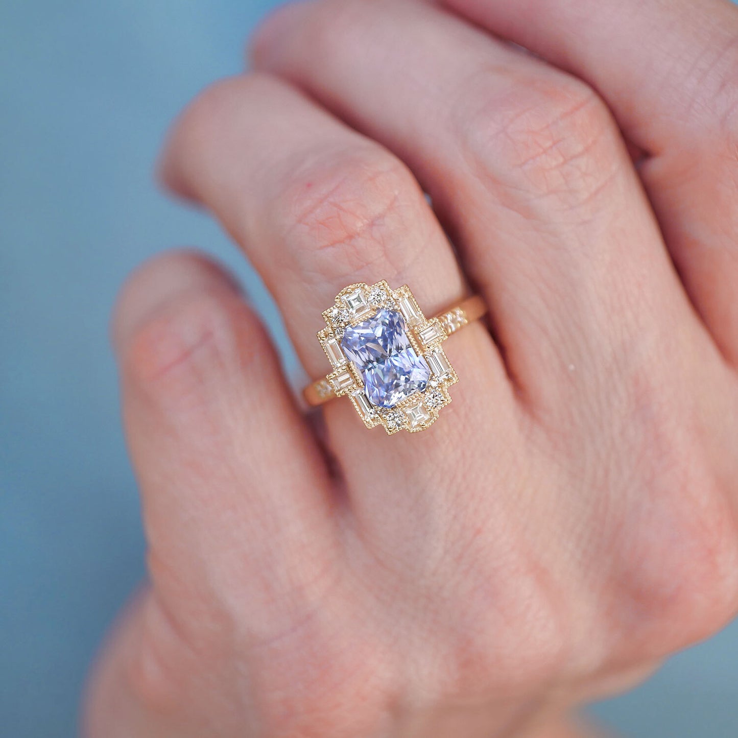 Sky Blue Radiant Sapphire Deco Emerald Cut Diamond Mosaic Ring